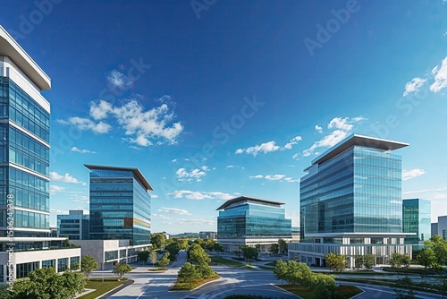 Modern Office Buildings in Prosperous Business District Under Clear Blue Sky
