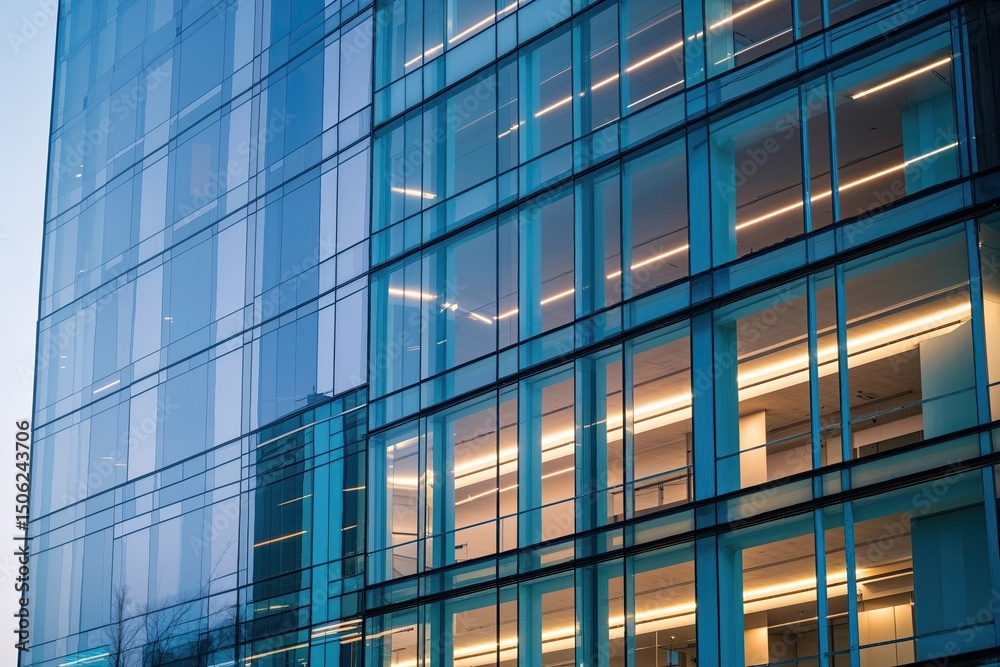 Detailed View of a Contemporary Office Building Glass Facade with Reflective Windows and Illuminated Interiors Detailed View of a Contemporary Office Building Glass Facade with Reflective Windows and Illuminated Interiors