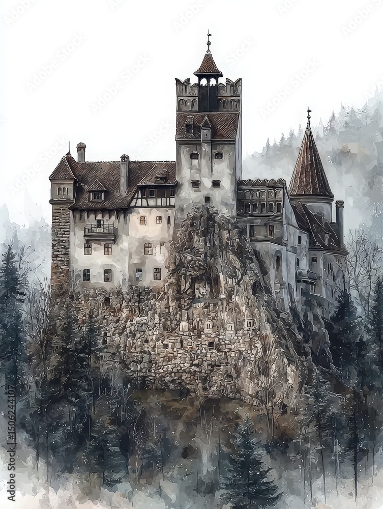 Obraz premium A majestic castle stands atop a rocky cliff, surrounded by tall trees.