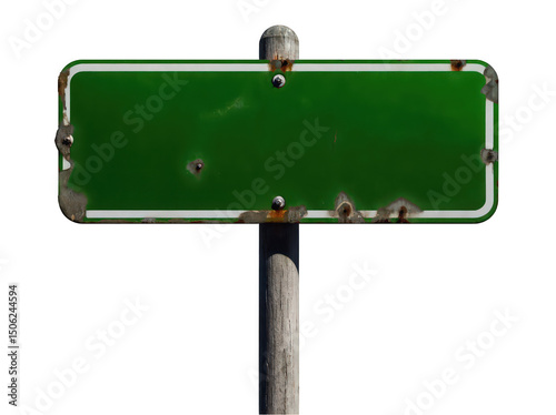 Weathered green blank street sign on a wooden post.