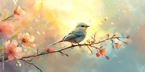 Small Bird on Cherry Blossom Branch in Spring Light