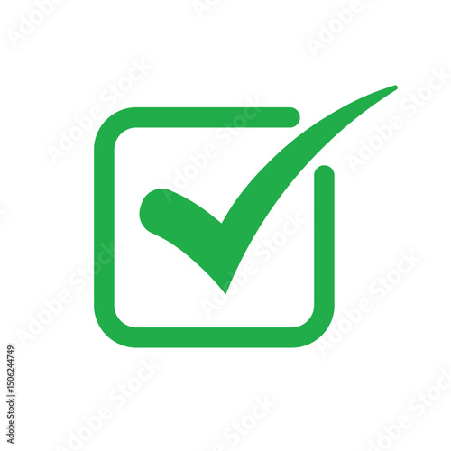 Bold green checkmark icon centered in a square on white. Minimalist, clean design symbolizing success, completion, or approval. Bright, uniform lighting. Flat vector illustration for digital use.
