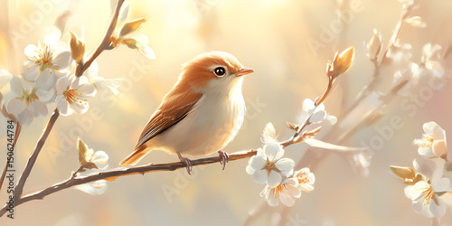 Small Bird on Cherry Blossom Branch in Spring Light