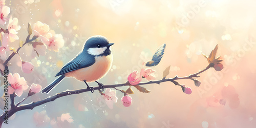 Small Bird on Cherry Blossom Branch in Spring Light