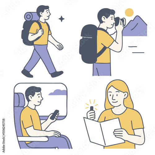 Person hiking, taking photos, traveling, and reading map, showcasing adventure and exploration