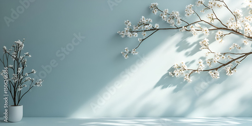 White Cherry Blossoms Against Sky Blue Background