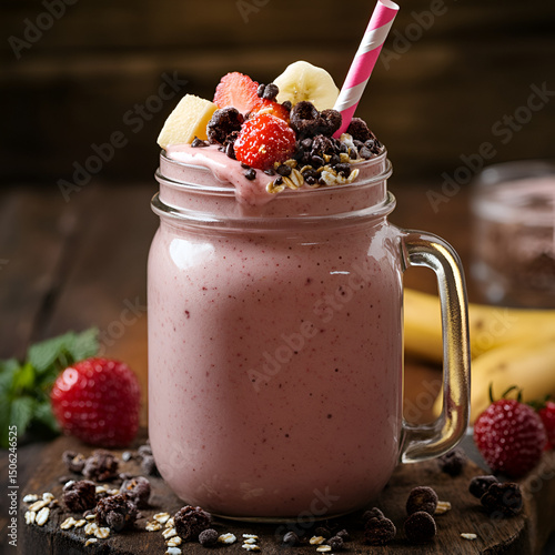 Berry Banana Smoothie in Mason Jar with Fresh Toppings