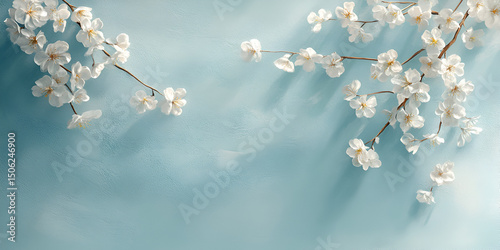 White Cherry Blossoms Against Sky Blue Background