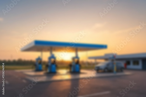 Blurred gas station, with a clear sky in the afternoon showing the sunset, without any people, with a blurry gas station in the background.