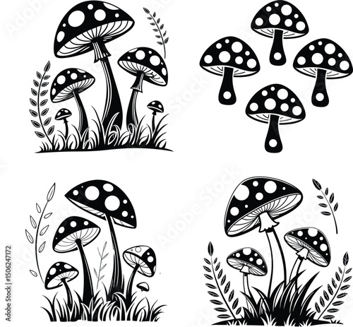 Four black and white mushroom illustrations with grass and plant accents on a white background