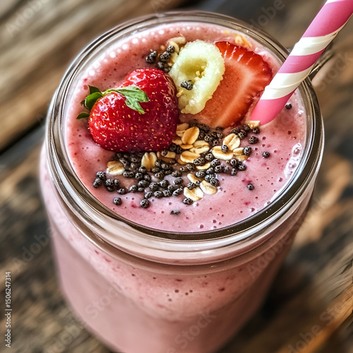 Berry Banana Smoothie in Mason Jar with Fresh Toppings