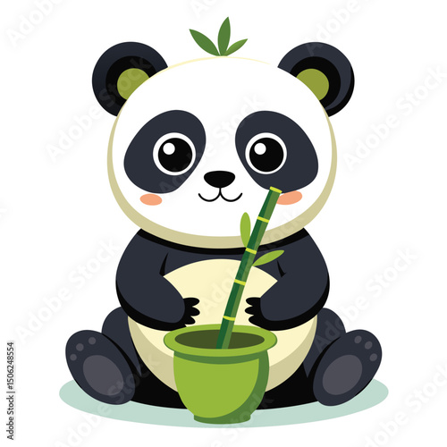A cute baby panda sits holding a bamboo stalk and a pot filled with bamboo shoots with white background