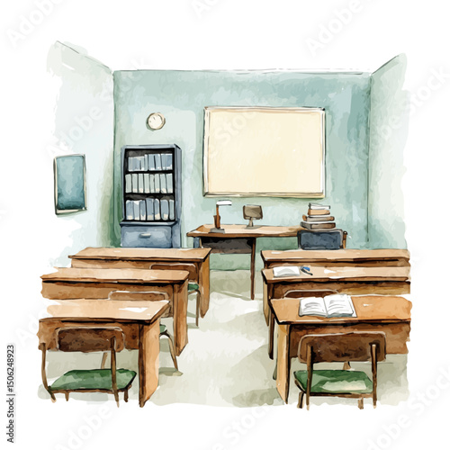 Classroom, watercolor illustration vector, high quality, isolated on a white background.