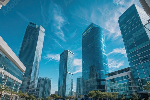 Trendy Office Complexes with High Towers and Sleek Design Under Cerulean Skies