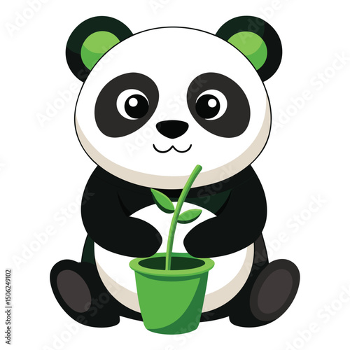 A cute baby panda with bright green eyes sits holding a stalk of bamboo in a green and white pot with white background
