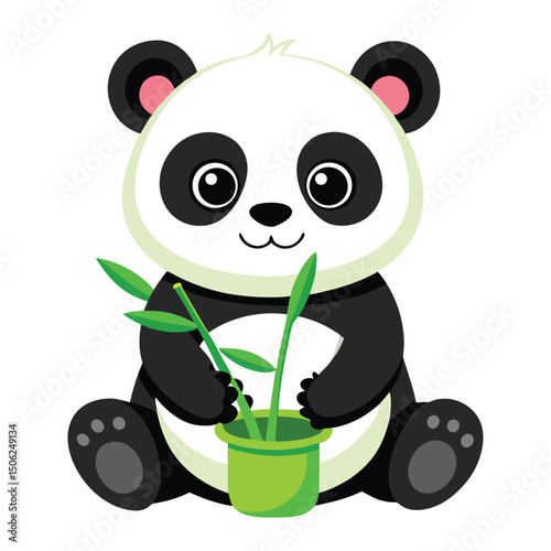 A cute baby panda with bright green eyes sits holding a stalk of bamboo in a green and white pot with white background