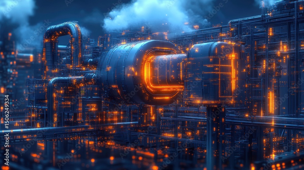 Fototapeta premium Futuristic Industrial Complex: A Digital Metropolis of Light and Steel