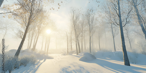 Peaceful Winter Forest with Sunlight and Snow Covered Trees