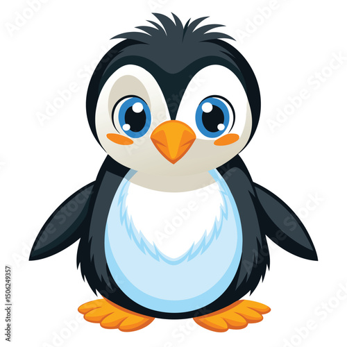 A fluffy baby penguin with bright blue eyes and orange feet stands looking forward with white background