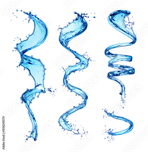 Swirling Blue Water Liquid Forms with Splashing Effects in Art, Isolated on Transparent Background