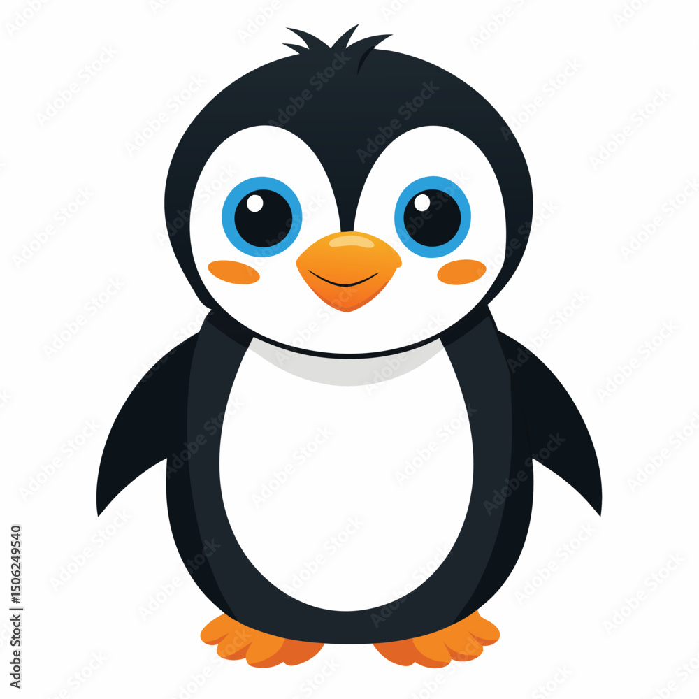 Obraz premium A fluffy baby penguin with bright blue eyes and orange feet stands looking forward with white background