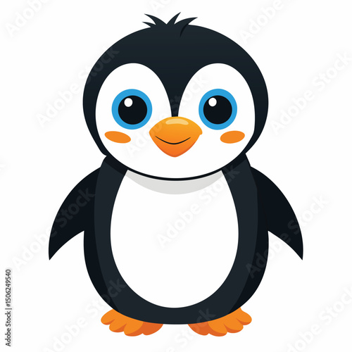 A fluffy baby penguin with bright blue eyes and orange feet stands looking forward with white background