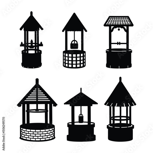 wishing well art illustration, wishing well silhouette bundle vector.