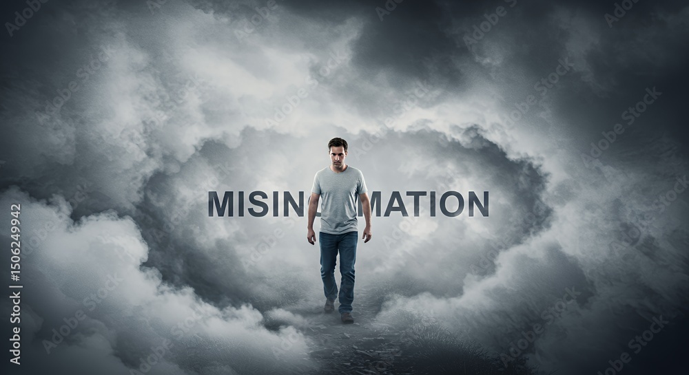 Fototapeta premium Man Walking into Misinformation: A Journey into Deception