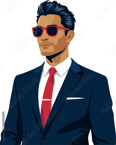 An illustration shows a stylish man wearing a dark suit and red tie. 