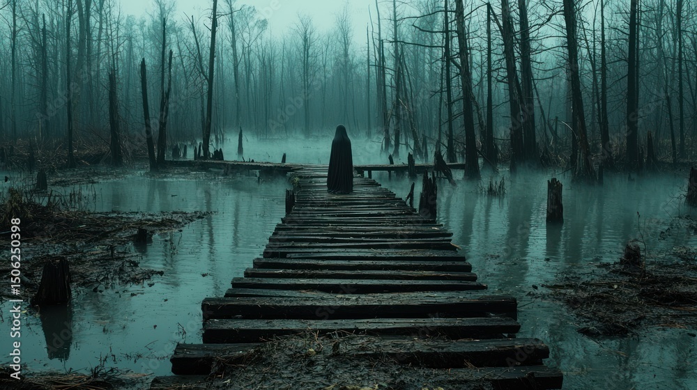 Obraz premium Person in Robe Standing on Dock in Misty Spooky Swamp