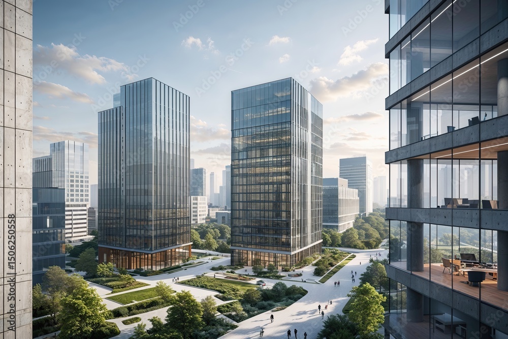 Fototapeta premium Sleek Urban Office Complexes in a Modern Cityscape with Concrete Structures