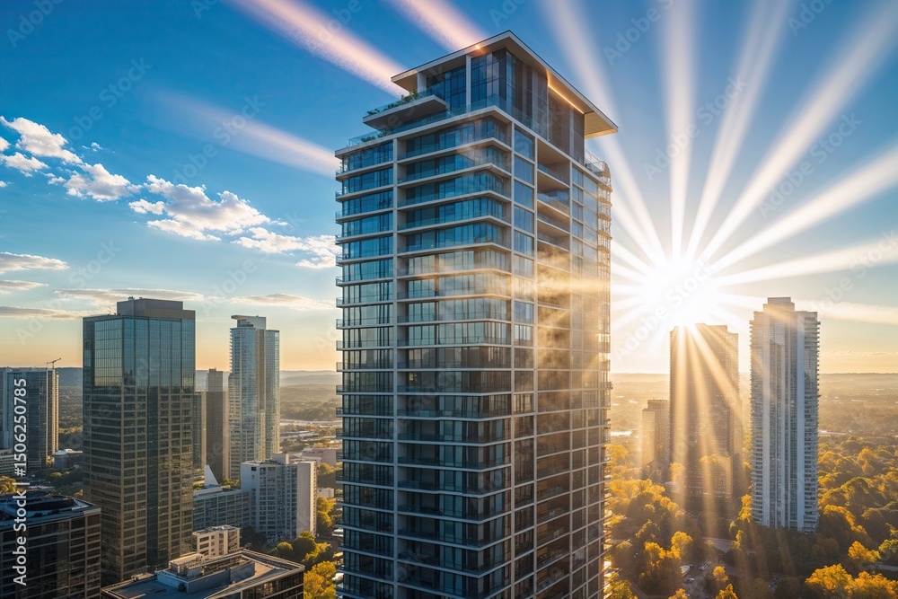 Obraz premium Sun Beams Illuminating a Contemporary Highrise in a Radiant Urban Setting