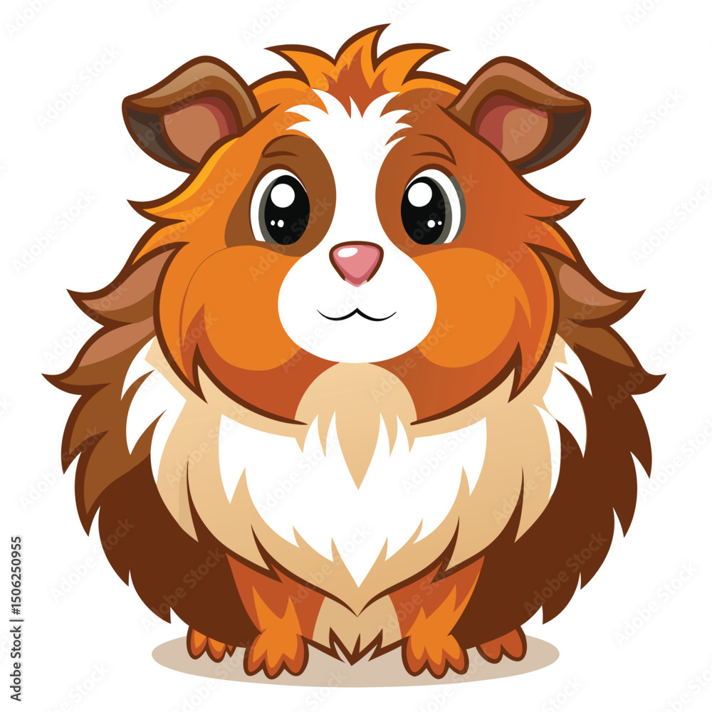 Fototapeta premium A fluffy guinea pig with brown and white fur stands facing forward with a slightly surprised expression with white background