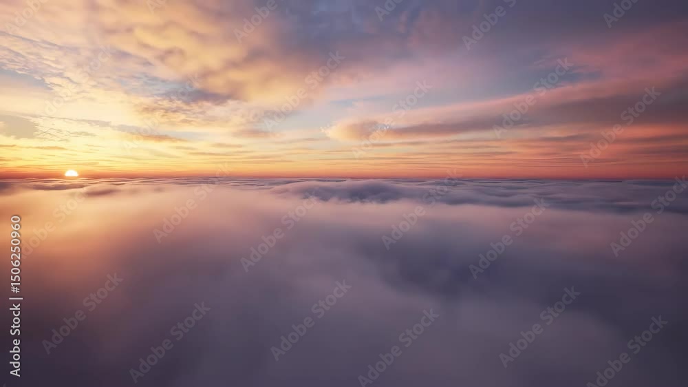 Beautiful realistic flight over lush clouds at sunset Beautiful realistic flight over lush clouds at sunset