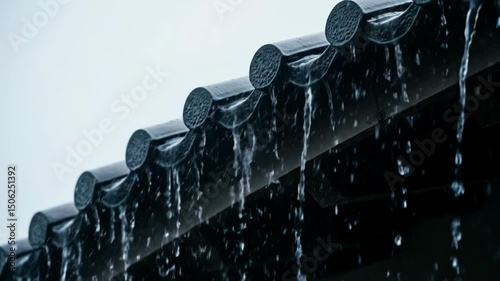 Close-up view of rain cascading from a dark roof against a cloudy sky backdrop
