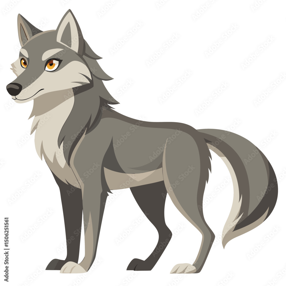 Fototapeta premium A gray and tan wolf with alert eyes stands in profile, looking over its shoulder against a white background.
