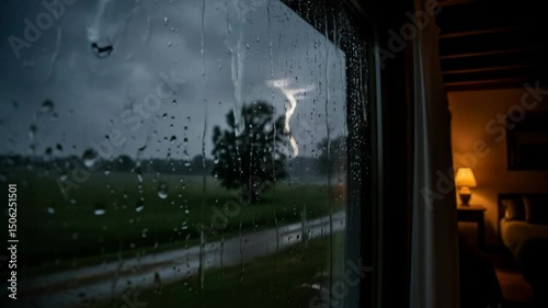 Dramatic Lightning Strikes During a Storm Viewed Through a RainStreaked Window