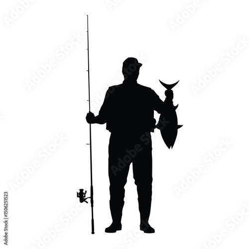 Silhouette of a fisherman proudly holding a large fish and fishing rod, ready after a great catch