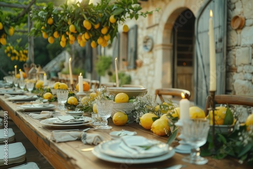 Flawless Visual of Festive Table with Lemons and Herbs in Italy