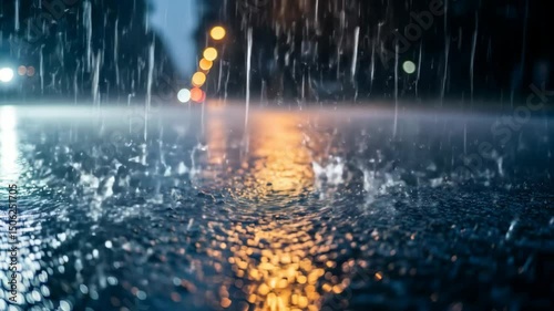 Close-up of heavy rain falling on a wet asphalt road at night with lights