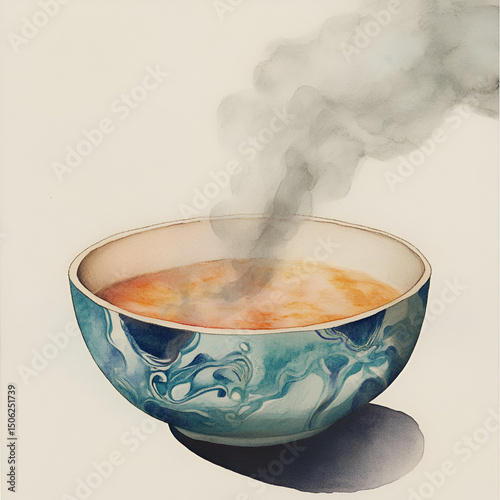Hot Soup in Artistic Blue Ceramic Bowl with Rising Steam