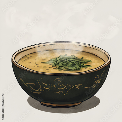 Steaming Bowl of Traditional Soup with Herbs