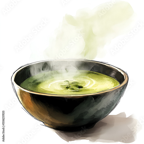 Steaming Bowl of Traditional Soup with Herbs