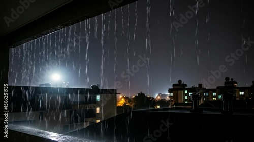 Dramatic Nighttime Rain Pouring Over City Buildings, Creating a Moody Atmospheric Scene
