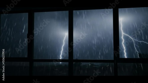 Dramatic window view of a powerful thunderstorm with lightning flashes and heavy rain