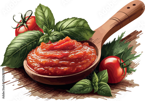 A spoonful of rich tomato sauce is prominently featured in this appetizing image. 