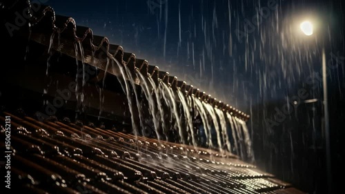 Dramatic view of heavy rain pouring off a roof at night with a street light