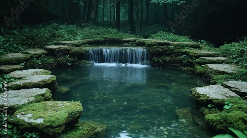 Mossy Stepping Stones Lead to a Quiet Forest Waterfall