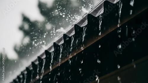 Heavy rain pouring on a corrugated metal roof, showcasing a downpour and water droplets