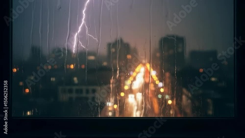 Lightning flashes over a city seen through a rain-streaked window at night